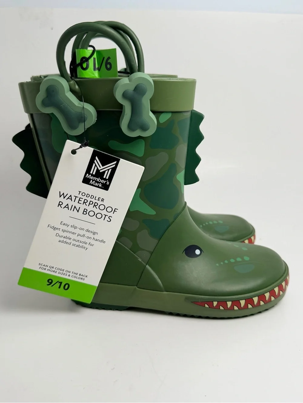 Kids Green Dino Camo Rain & Snow Boots with Playful Dino Face